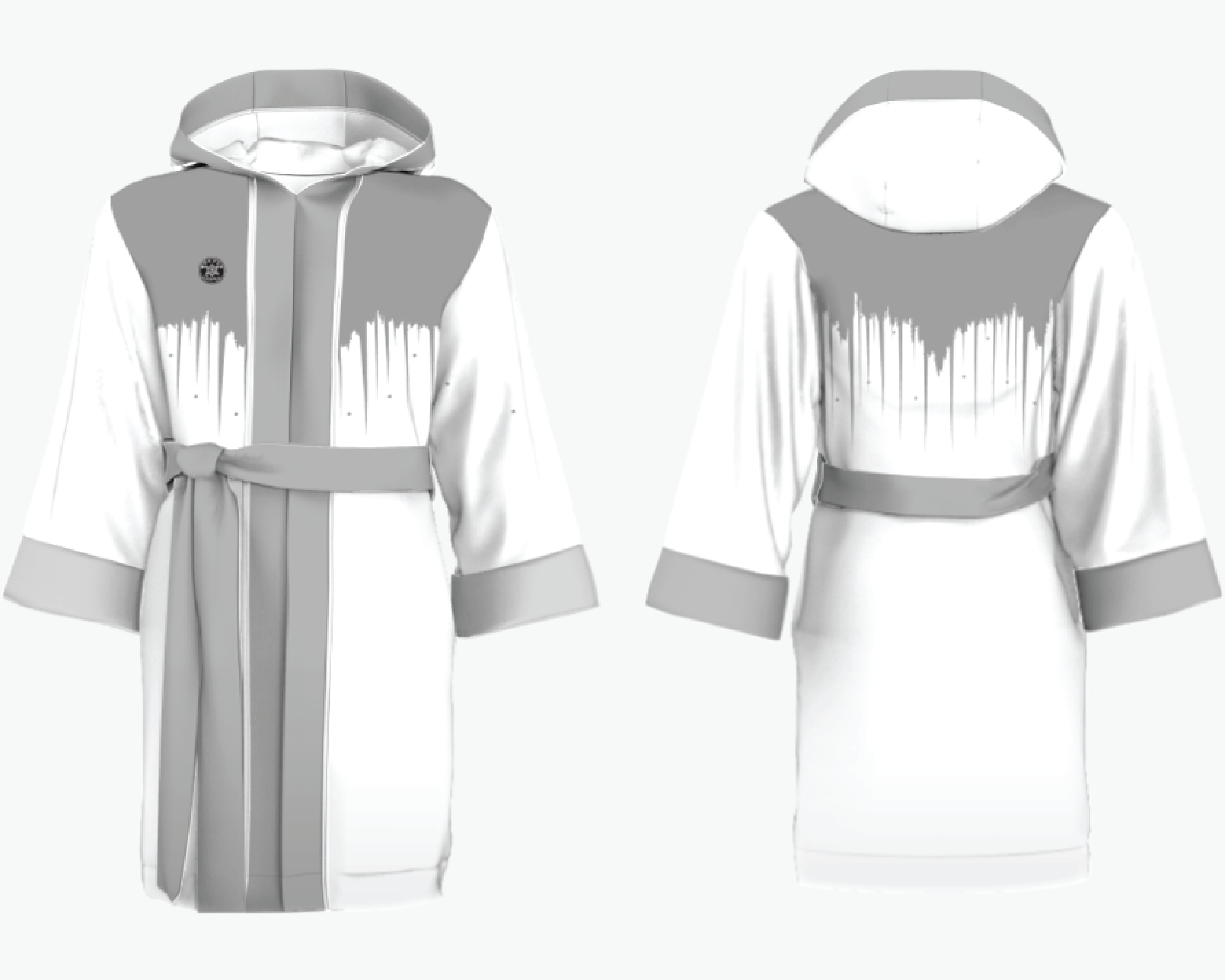 Shine Bright custom boxing robe with on-trend drip-effect look, traditional hood, and full-length cut.
